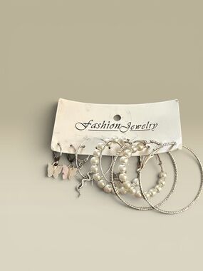 Fashion Jewelry Silver Pearl Hoop and Dangle Earring Set